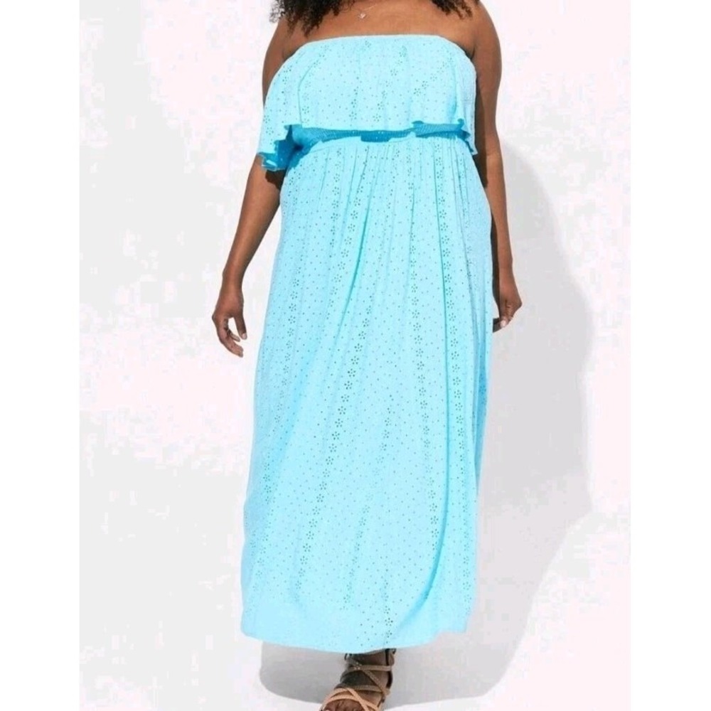 Torrid Eyelet Strapless Smocked Maxi Dress Lined Blue Women's Plus Size 3